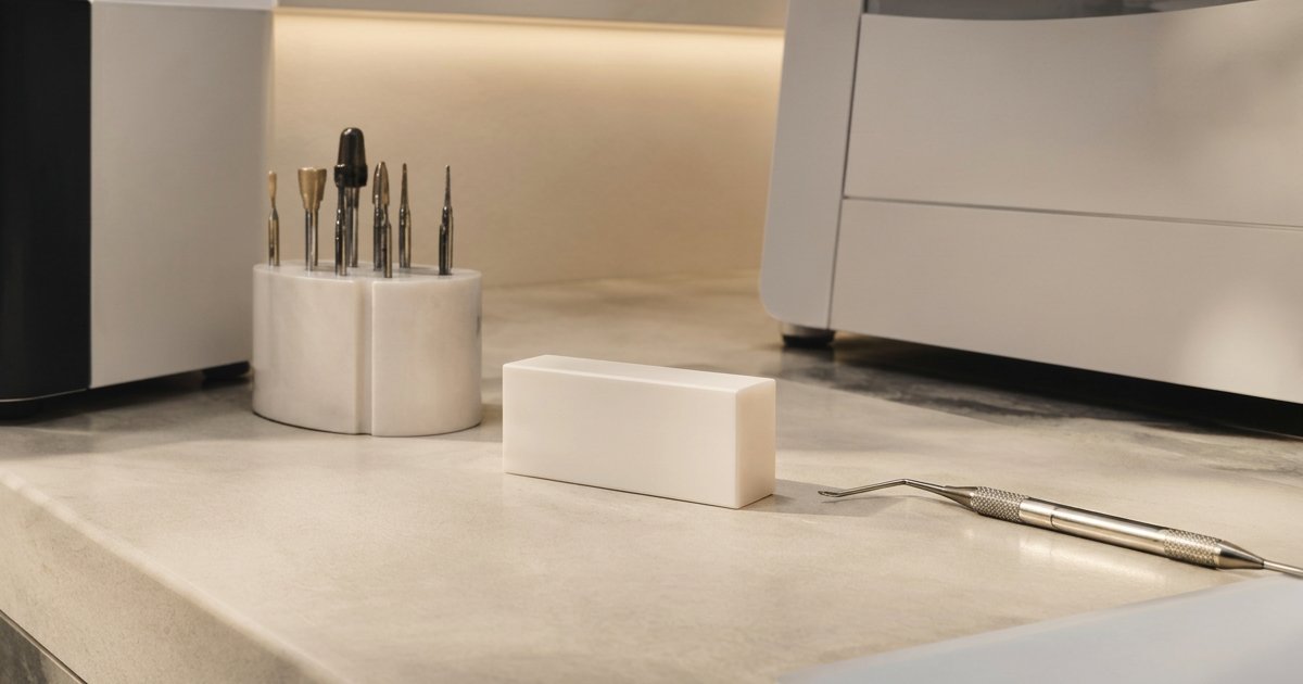 Ceramic restoration material in an illustrative dental studio