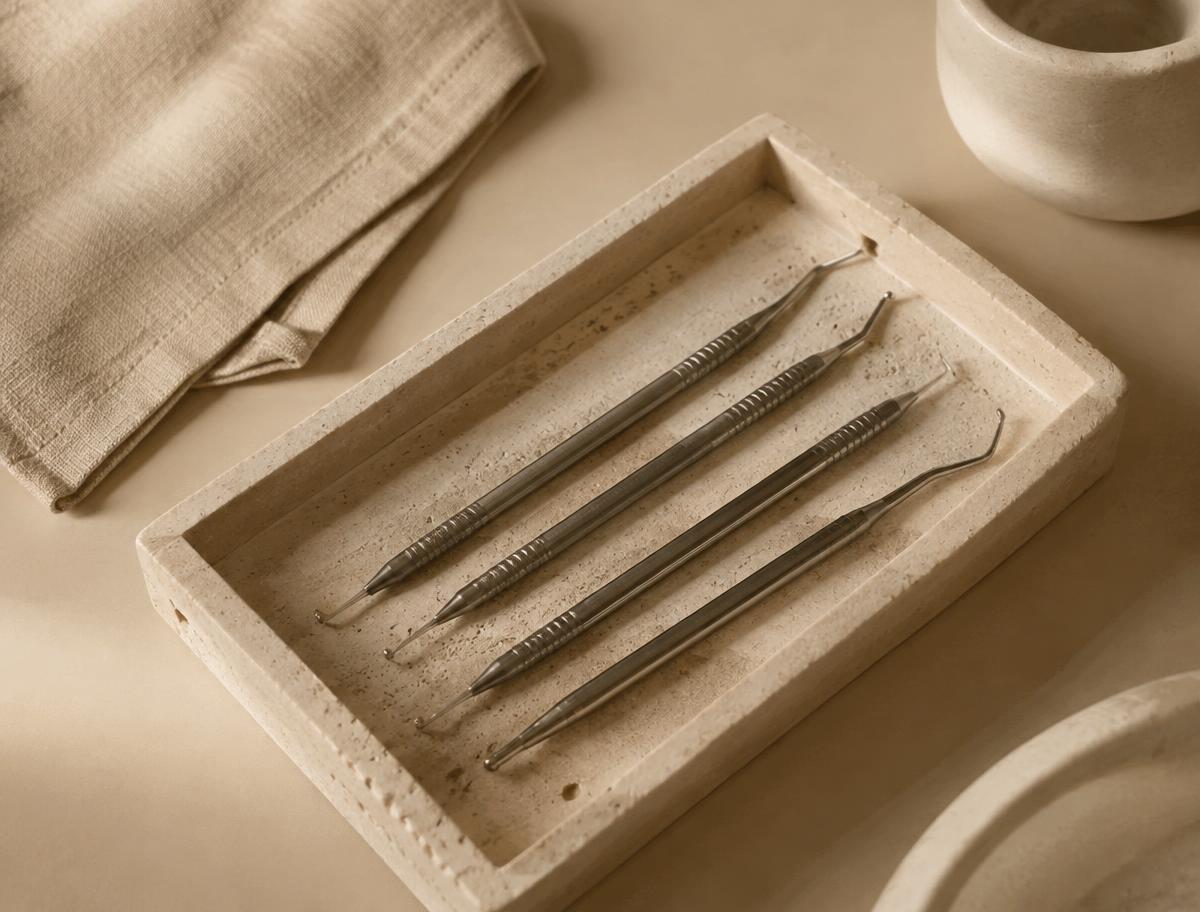 Fine instruments resting on a travertine tray