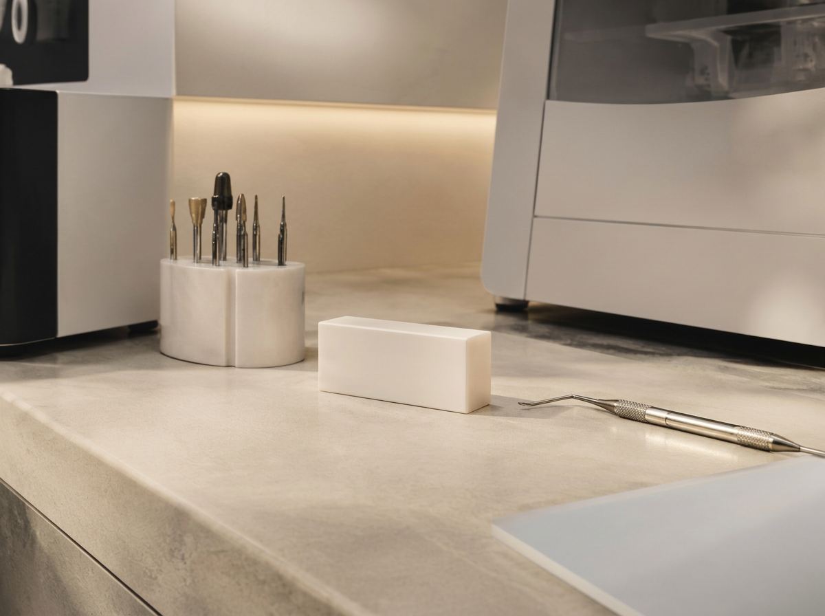 A ceramic block on a stone counter in a modern studio